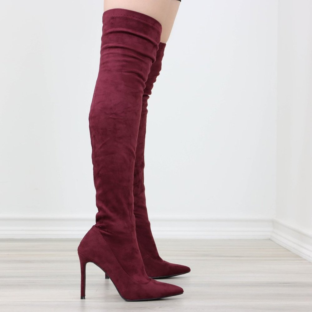 Wine Women's Thigh High Boots Faux Suede Pointed Toe Stilettos - Picture 12 of 15
